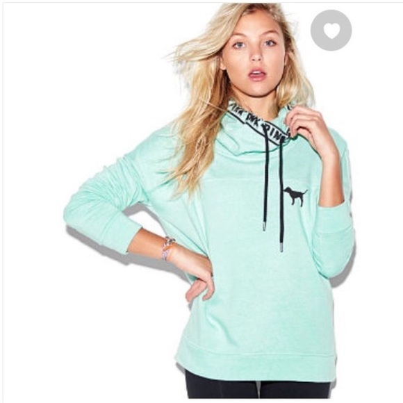 PINK Victoria Secret Mint Green Cowl Neck Sweatshirt College Y2k Preppy Sport XS - Picture 2 of 10